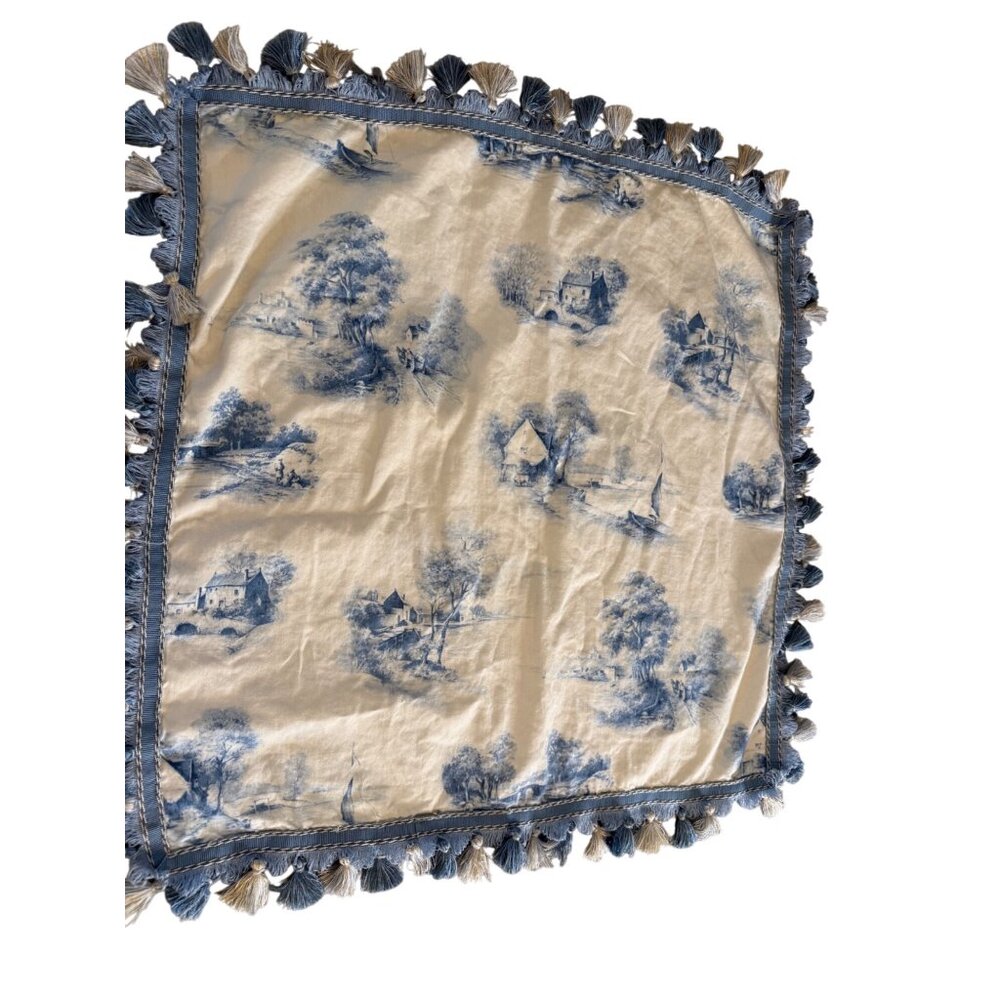 VTG Blue Toile Sm Side Table Cloth  lined Tassel Trim Custom made  27in square